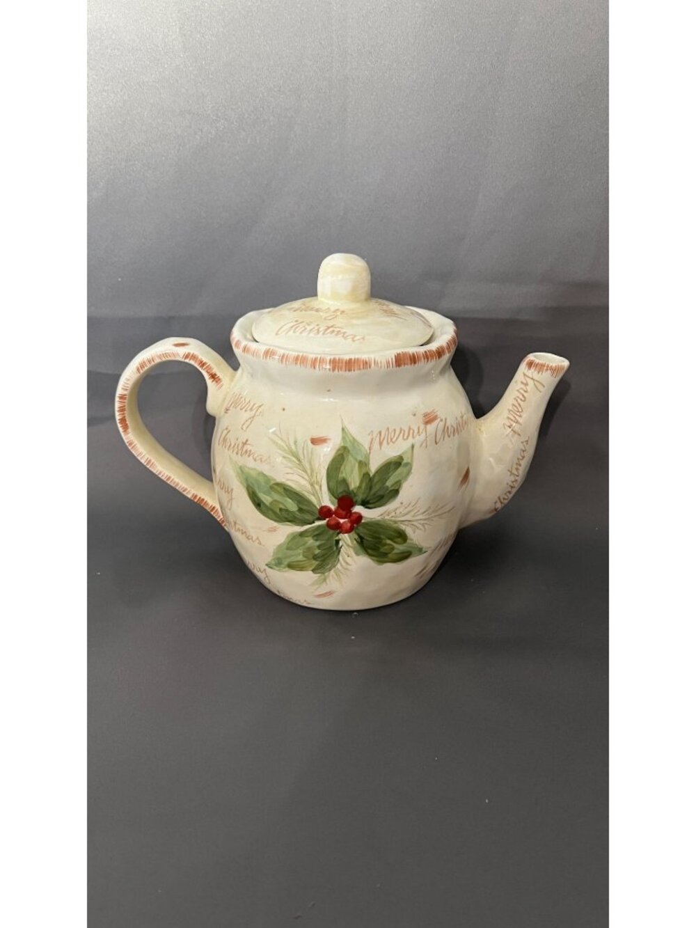 Christmas Ceramic Teapot Hand-Painted With Tree & Holly Design "Merry Christmas" - Picture 2 of 7